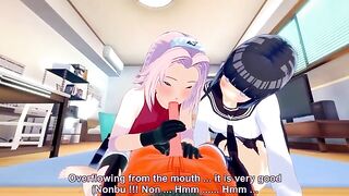 Hinata and Sakura creampie FFM fuck scene featuring Naruto and his hard boner