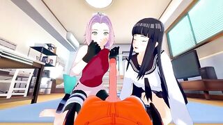 Hinata and Sakura creampie FFM fuck scene featuring Naruto and his hard boner