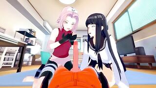 Hinata and Sakura creampie FFM fuck scene featuring Naruto and his hard boner