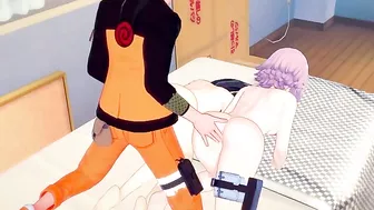 Hinata and Sakura creampie FFM fuck scene featuring Naruto and his hard boner