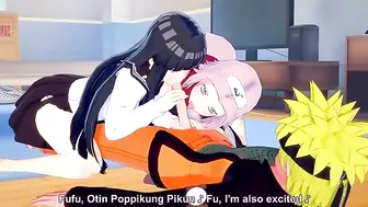 Hinata and Sakura creampie FFM fuck scene featuring Naruto and his hard boner