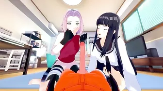 Hinata and Sakura creampie FFM fuck scene featuring Naruto and his hard boner