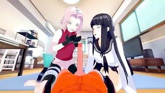 Hinata and Sakura creampie FFM fuck scene featuring Naruto and his hard boner