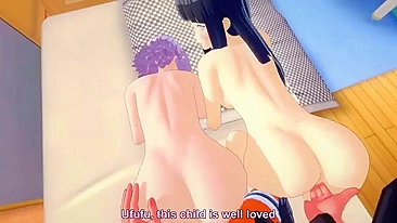 Hinata and Sakura creampie FFM fuck scene featuring Naruto and his hard boner