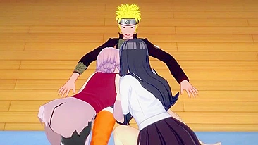 Hinata and Sakura creampie FFM fuck scene featuring Naruto and his hard boner