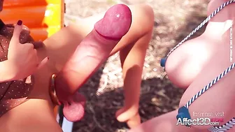 Redheaded lady shows her wet pussy while taking major futa dick from behind