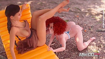 Redheaded lady shows her wet pussy while taking major futa dick from behind