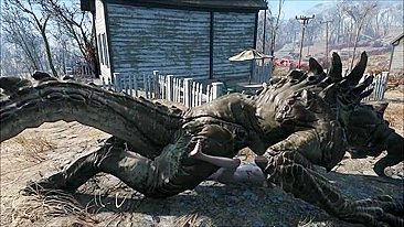Deathclaw raw fucking with an unlucky girl that takes huge cock inside outside