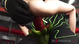 Hentai scene with a girl shoving her huge pussy in an alien's face before sex