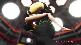 Hentai scene with a girl shoving her huge pussy in an alien's face before sex