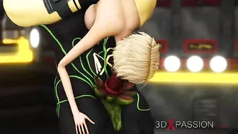 Hentai scene with a girl shoving her huge pussy in an alien's face before sex