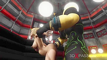 Hentai scene with a girl shoving her huge pussy in an alien's face before sex