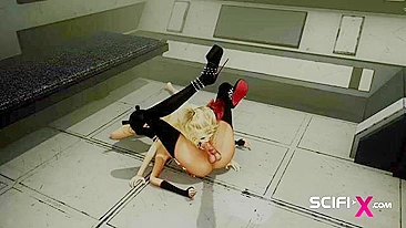 Harley Quinn shows the way she takes futa cock in her greedy pussy on the floor