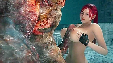 Scary sex scene with a Lara Croft knock-off and a giant monster with huge dong