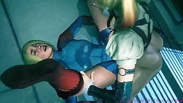 Supergirl and Harley Quinn hentai domination session with closeup sucking