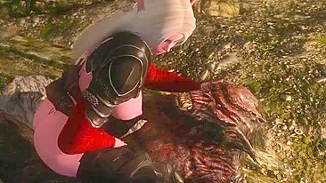 Elven girl getting her little twat dominated by a really hung creature here