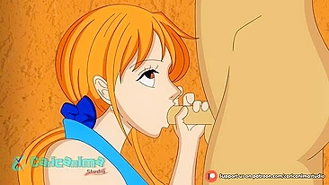 One Piece Nami brings this hung dude to the height of ecstasy with a blowjob