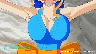 One Piece Nami brings this hung dude to the height of ecstasy with a blowjob