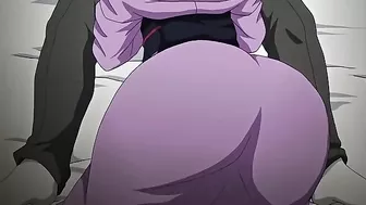 Sexy busty milf in hentai video enjoys a drink with young guy before fucking him.