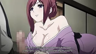 Sexy busty milf in hentai video enjoys a drink with young guy before fucking him.