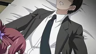 Sexy busty milf in hentai video enjoys a drink with young guy before fucking him.