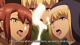 Hentai triple blowjob scene featuring busty warrior girls from Another World.
