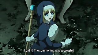Hentai triple blowjob scene featuring busty warrior girls from Another World.