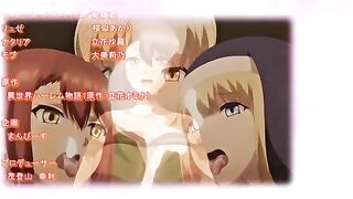 Hentai triple blowjob scene featuring busty warrior girls from Another World.