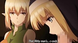 Hentai triple blowjob scene featuring busty warrior girls from Another World.