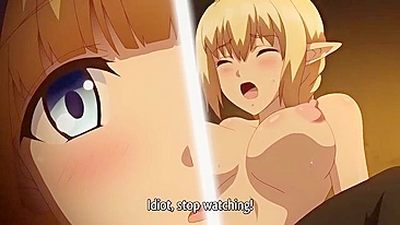 Hentai triple blowjob scene featuring busty warrior girls from Another World.
