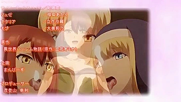 Hentai triple blowjob scene featuring busty warrior girls from Another World.