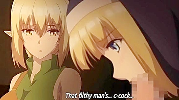 Hentai triple blowjob scene featuring busty warrior girls from Another World.