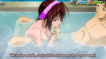 Hentai senpai gives a wet blowjob in the spa.