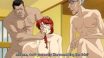 Busty redhead enjoys hardcore sex with older men in hentai porn.