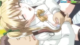 A petite blonde schoolgirl is taken advantage of by a classmate with a massive cock in hentai porn.