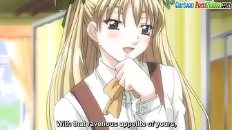 A petite blonde schoolgirl is taken advantage of by a classmate with a massive cock in hentai porn.