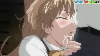 A petite blonde schoolgirl is taken advantage of by a classmate with a massive cock in hentai porn.