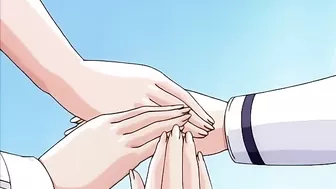 Horny schoolgirl covered in cum from repeated sex acts on a hentai website.