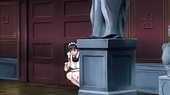 Horny schoolgirl covered in cum from repeated sex acts on a hentai website.