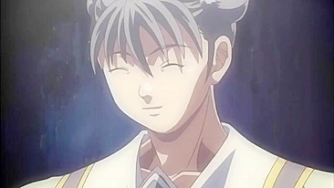 Horny schoolgirl covered in cum from repeated sex acts on a hentai website.