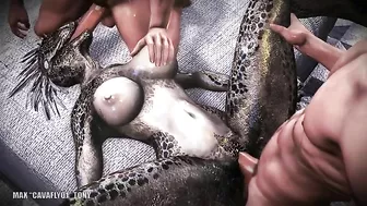 Human cocks double-penetrate a weird lizard beast in hentai porn.