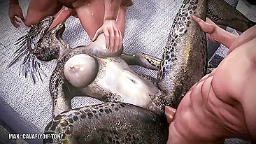 Human cocks double-penetrate a weird lizard beast in hentai porn.