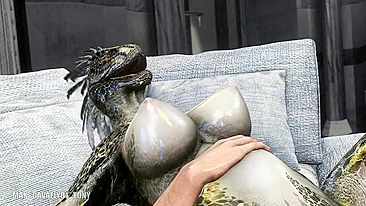Human cocks double-penetrate a weird lizard beast in hentai porn.