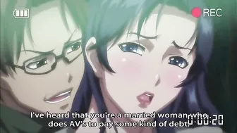 Cheating hentai housewife enjoys a gangbang in a hotel room.