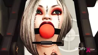 A hentai scene featuring a bound and gagged female being penetrated by two masked women.