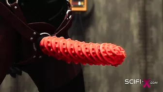 A hentai scene featuring a bound and gagged female being penetrated by two masked women.