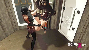 A hentai scene featuring a bound and gagged female being penetrated by two masked women.