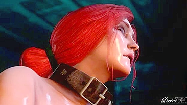 Triss Merigold dominates and penetrates a female with her strap-on in hentai porn.