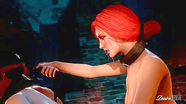 Triss Merigold dominates and penetrates a female with her strap-on in hentai porn.