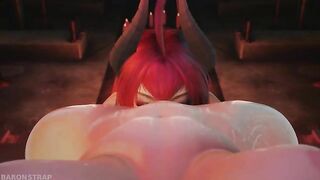 The demon succubus binds the sexy elf with ropes, inflicts pain upon her, and sits on her face in a hentai-themed scene.